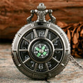 Vintage Black Compass Design Quartz Pocket Watch, With Necklace Pendant, World-Time Feature, Pointer Display Pocket Watch Quick Pick Grocers
