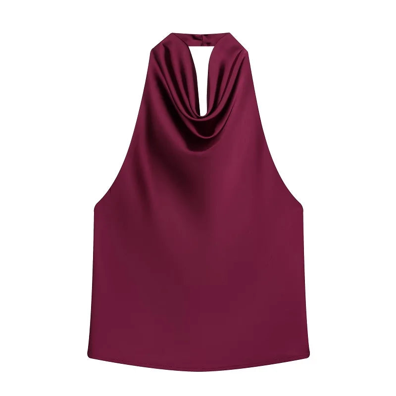 MUJER 2026 Halter Tops for Women Black Satin Backless Top Female Pink Summer Beach Top Woman off Shoulder Camisole Top Women Quick Pick Grocers