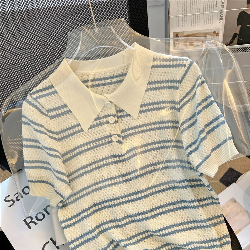 2025 Polo Neck New Womens Knitting T-Shirt Striped Short Sleeve Women T Shirt for Female Slim Tops Woman T Shirts Clothing S145 Quick Pick Grocers