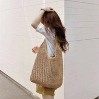 French Style Large Capacity Woven Straw Woven Bag for Women New Beach Vacation Shoulder Bag Casual Commuting Tote Bag Purse Quick Pick Grocers