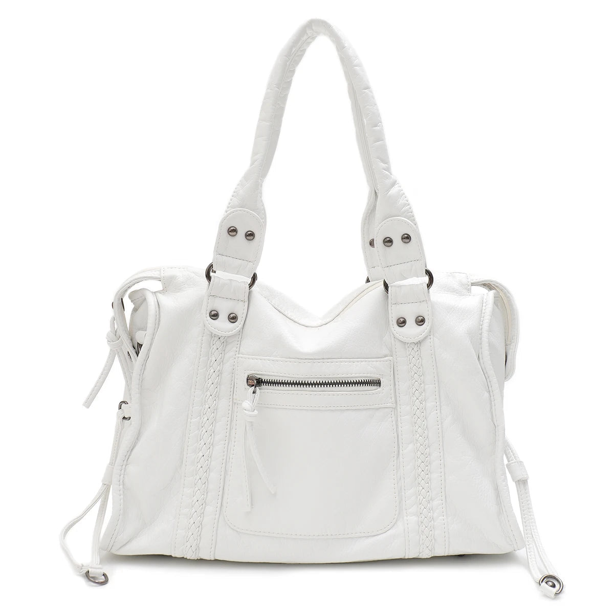 Vintage Washed PU Leather Large Capacity Tote Zip Pockets Braid Decor Shoulder Cross body Bag Unisex Women Daily Travel Handbag Quick Pick Grocers