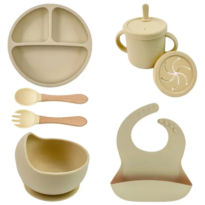 Food Grade Silicone Child Dish Set Baby Feeding Bowl Suction Plate Straw Cup Wooden Spoon Fork for Kids Tableware Toddler Dishes Purest Peak