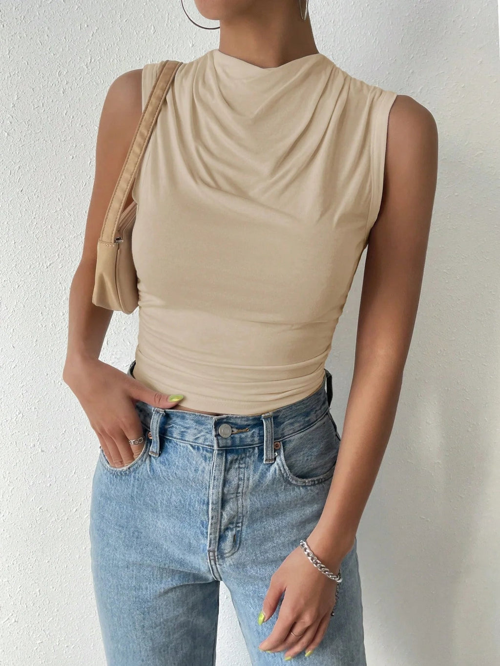 Women's Casual Pleated Design Top Summer Fashion Street Style Solid Color Slim Half High Neck Sleeveless T-Shirt Top Quick Pick Grocers