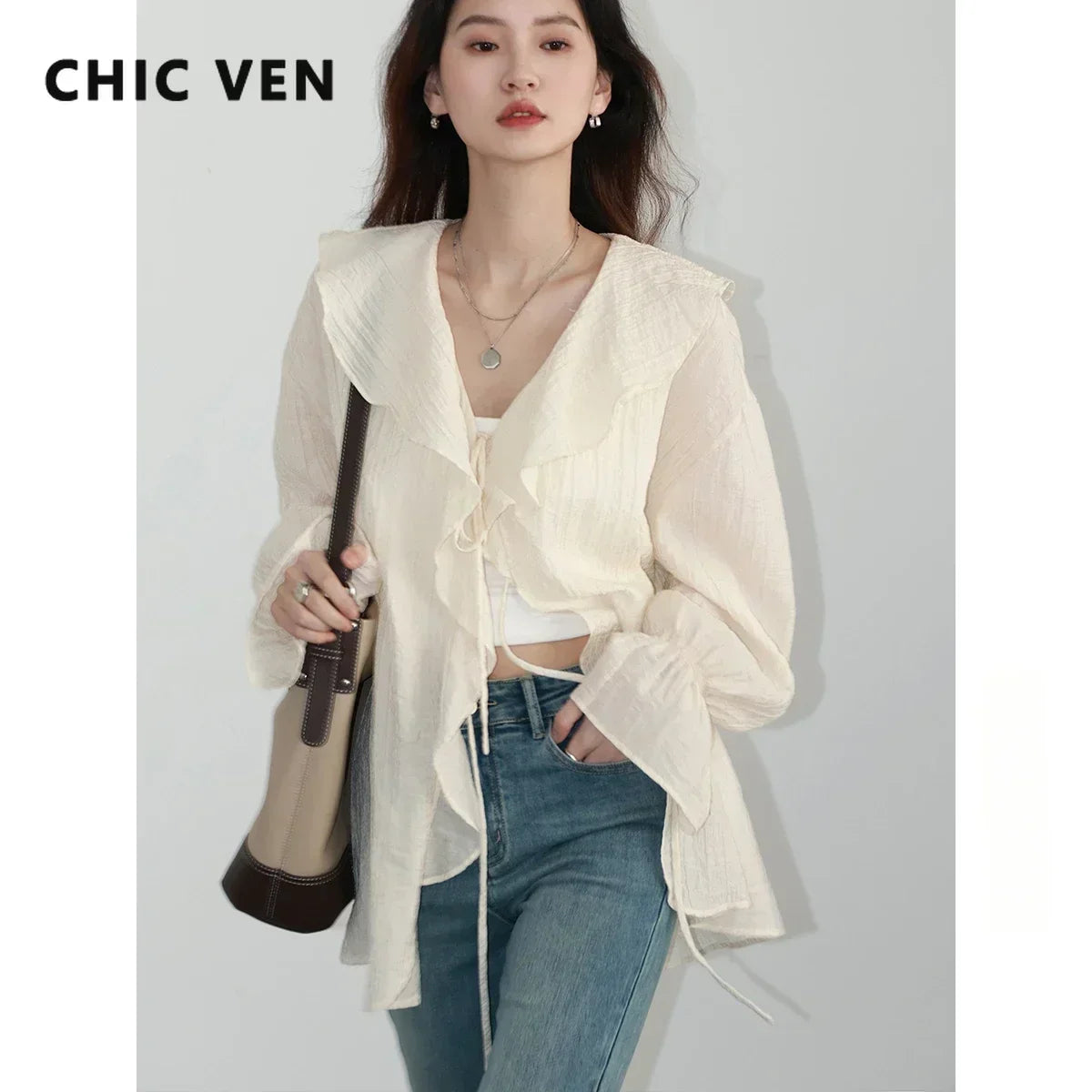 CHIC VEN Women Shirt Loose Casual Ruffled Edges Female Blouses V Neck Lace Up Mid Length Woman Shirts Spring Summer 2026 Quick Pick Grocers