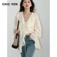 CHIC VEN Women Shirt Loose Casual Ruffled Edges Female Blouses V Neck Lace Up Mid Length Woman Shirts Spring Summer 2026 Quick Pick Grocers