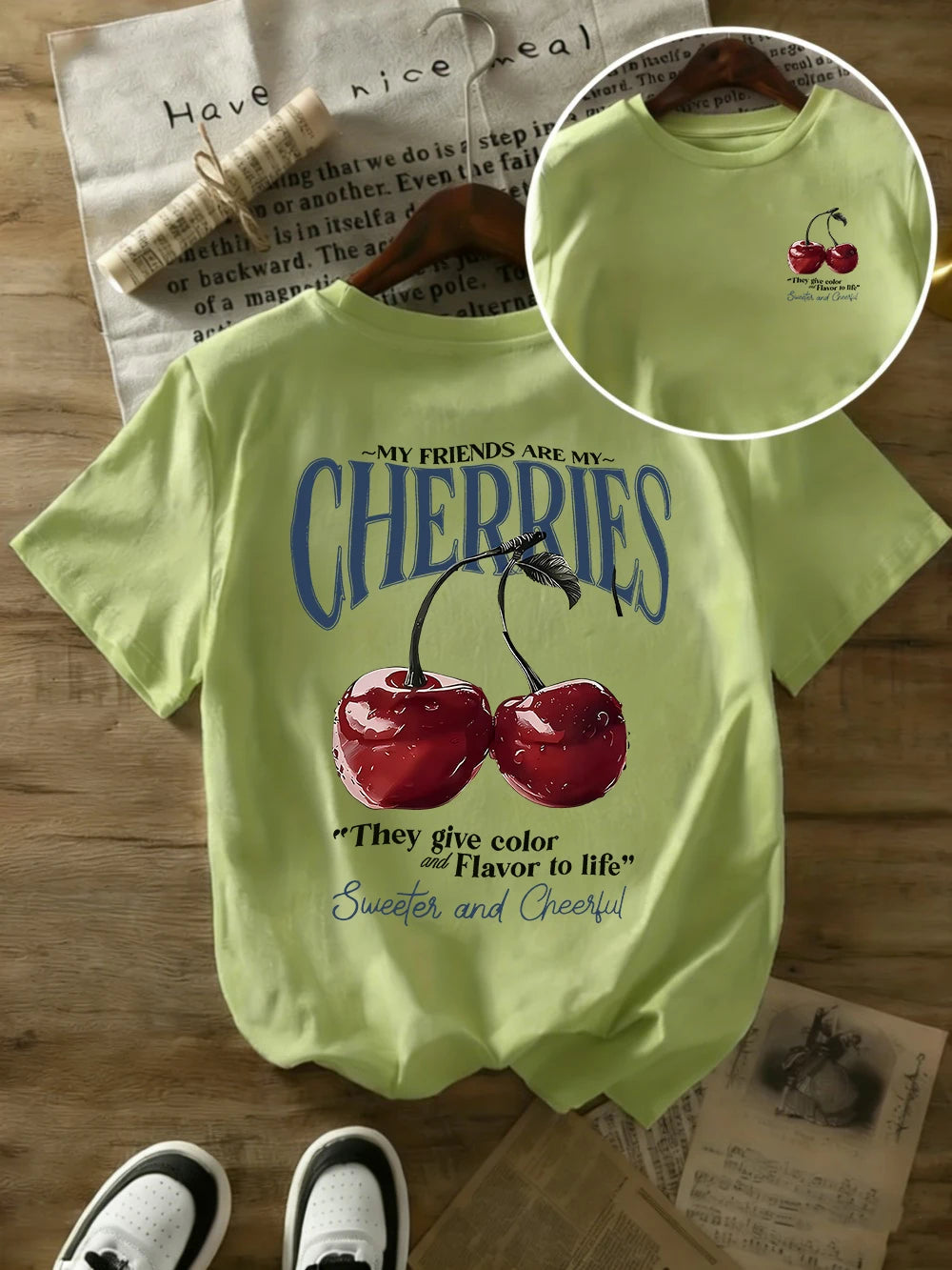 Summer Sweeter Cherries Prints T-Shirts Womens Cotton Oversized T Shirts Basic O-Neck Short Sleeve Tops Casual Woman Clothes Quick Pick Grocers