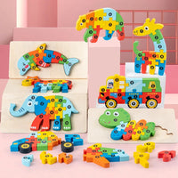 3D Stereoscopic Montessori Wooden Puzzle Cartoon Dinosaur Animal Shape Color Cognitive Educational Game Toy Kids Birthday Gift Purest Peak