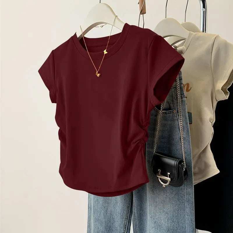 Women Summer Short Sleeved Top for Fashion Versatile Base Shirt Slim Fit Round Neck T-shirt Casual and Sexy Breathable and Cool Quick Pick Grocers