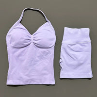 HISTELLO 2 Pieces Sports Set Women Yoga Longline Strap Top Scrunch Seamless Shorts Sport Gym Set Sportswear Workout Fitness Set Quick Pick Grocers