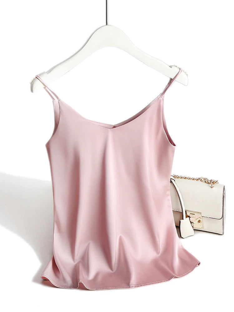 AOSSVIAO 2026 Spaghetti Strap Top Women Halter V Neck Basic White Cami Sleeveless Satin Silk Tank Tops Women'S Summer Camisole Quick Pick Grocers
