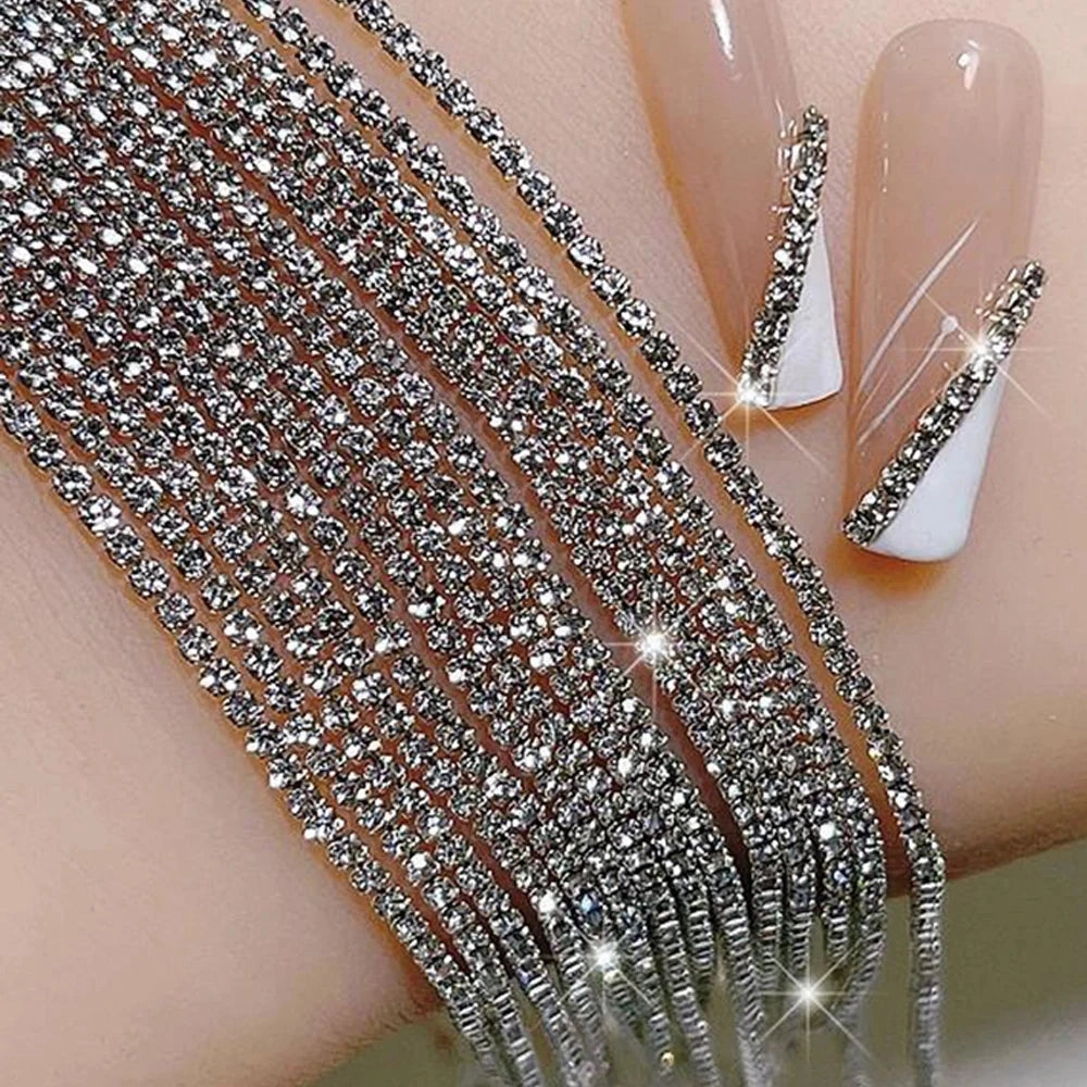 100/50cm Long Luxury Crystal Chain Nail Charms 1.5/2mm Shinying Clear/AB Diamond Nail Art Metal Steel French Manicure Crystal Econic Blanks