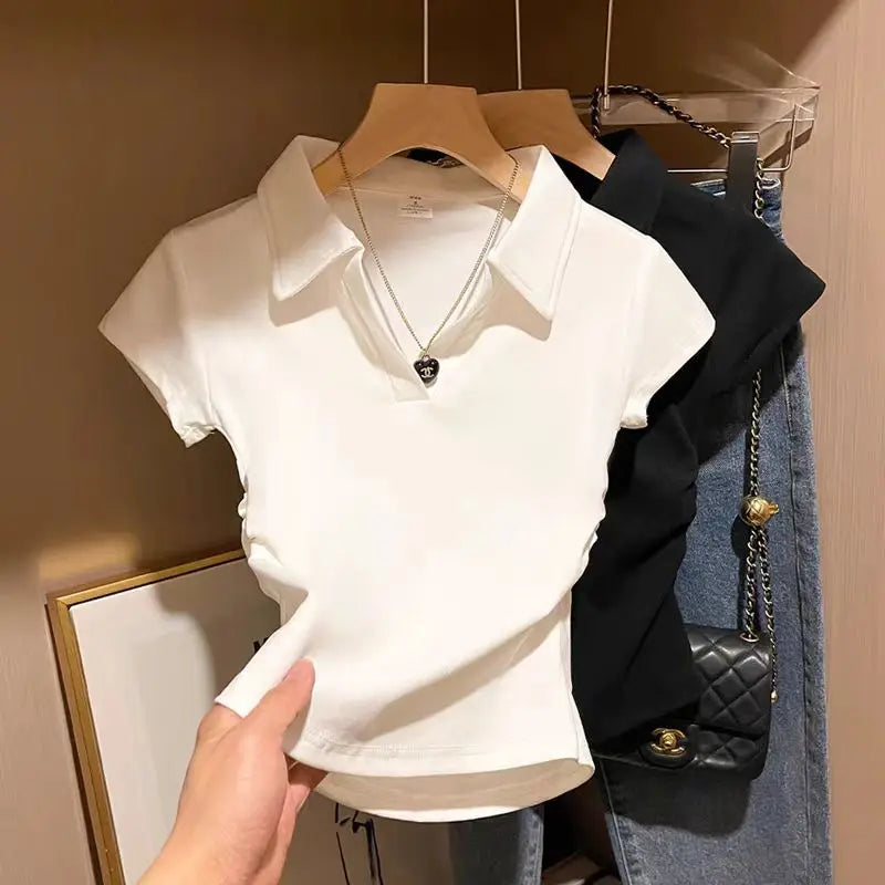 Cotton Summer Sexy Women's T Shirt Skinny Slim Basic Solid Crop Top Short Sleeve Polo TShirtCasual Top Tee for Women Quick Pick Grocers