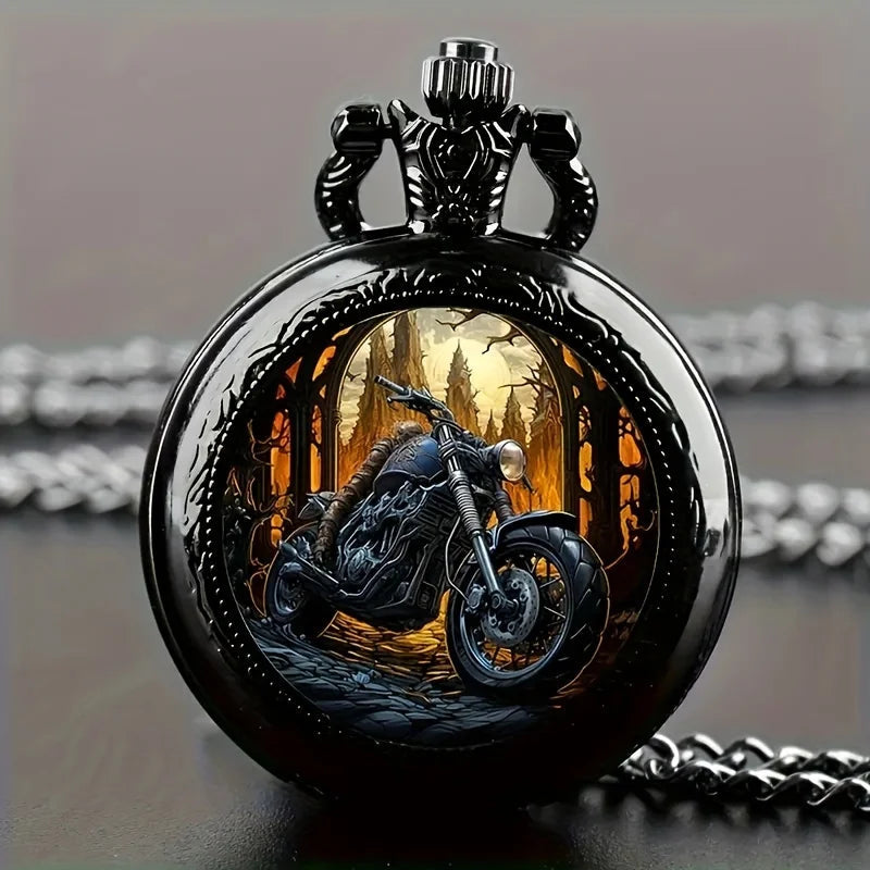 Vintage Black Motorcycle Quartz Pocket Watch, Necklace Pendant With World Time Feature,  Ideal Gift For Men & Women and Kids Quick Pick Grocers