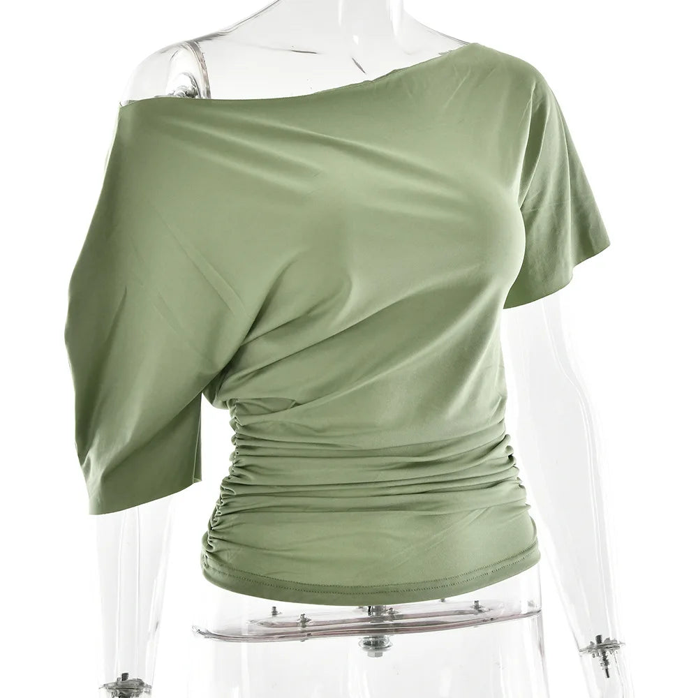 Off Shoulder Ruched Crop Top Women Basics Solid Color Skew Collar Short Sleeve T-shirts Summer Casual Streetwear Tees Quick Pick Grocers