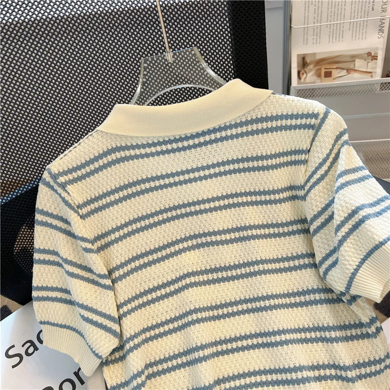 2025 Polo Neck New Womens Knitting T-Shirt Striped Short Sleeve Women T Shirt for Female Slim Tops Woman T Shirts Clothing S145 Quick Pick Grocers