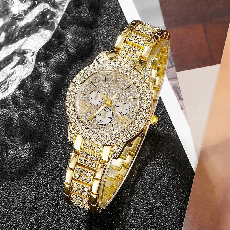 Women's Quartz Watch Gold Luxury Women Ring Necklace Earring Rhinestone Fashion Wristwatch Casual Ladies Watches Jewelry Set Quick Pick Grocers