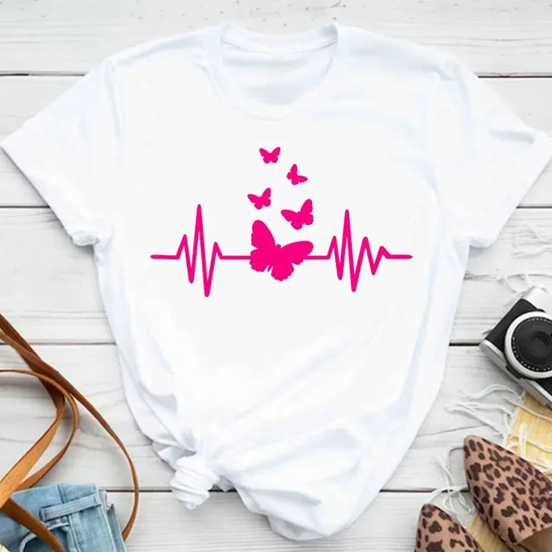 New Fashion Women T-shirt Colorful Butterfly Petal Print Short Sleeve and Round Neck Cute Graphic Tee Shirts Female Tops Clothin Quick Pick Grocers