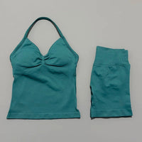 HISTELLO 2 Pieces Sports Set Women Yoga Longline Strap Top Scrunch Seamless Shorts Sport Gym Set Sportswear Workout Fitness Set Quick Pick Grocers