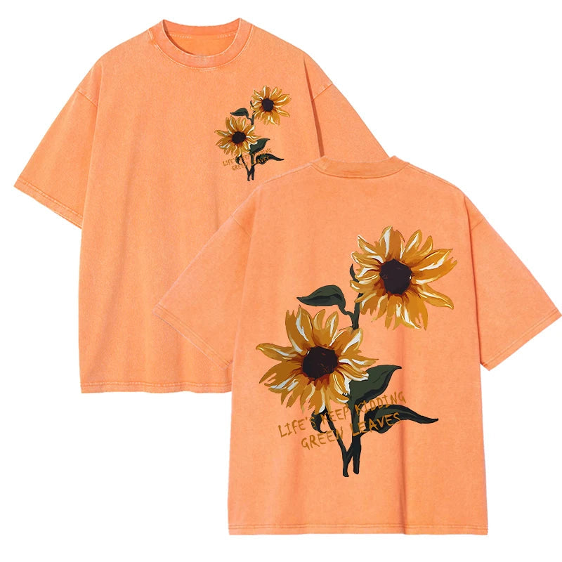 Lift Is Good Beautiful Sunflower Print Washed T Shirts Women Soft Cotton T-Shirt Street Creative Short Sleeve Summer Casual Tops Quick Pick Grocers