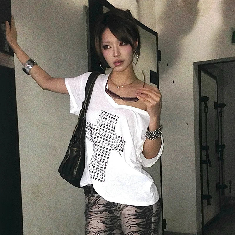Karrram Japanese Y2k Metal Cross Print T-shirt Trashy 2000s V-neck Sheer Tops Vintage Harajuku Short Sleeve Streetwear Grunge Quick Pick Grocers
