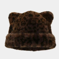 Leopard print plush teddy bear hat for women, sweet and cute, thick and warm, retro and versatile, hooded beanie. Purest Peak
