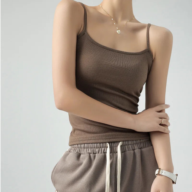 Women's Summer Basic Sleeveless Tank Top Spaghetti Strap Slim Fit Stretch Knitted Solid Color Camisole Quick Pick Grocers