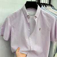 High End Brand Embroidered Striped Shirt Men's Short Sleeved Lapel Business Breathable Shirt Summer New Pure Cotton Jacket Quick Pick Grocers