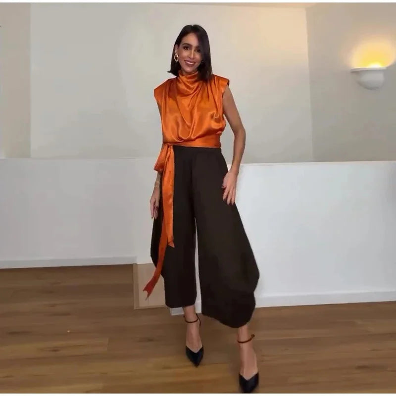Women's Top 2026 Spring New Style Orange Sleeveless Satin Texture Long Ribbon Top Elegant and Stylish Unique Fashion Focus Quick Pick Grocers