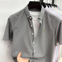 High End Brand Embroidered Striped Shirt Men's Short Sleeved Lapel Business Breathable Shirt Summer New Pure Cotton Jacket Quick Pick Grocers