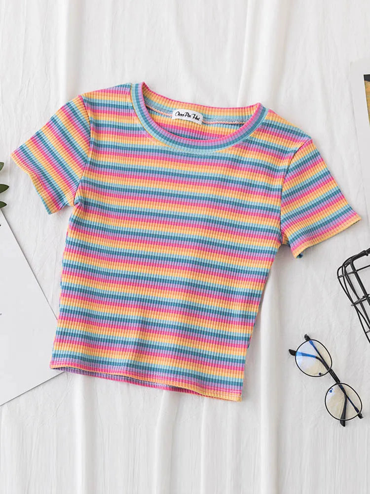 New T Shirt Women Rainbow Striped Tops Slim Fit t shirt Harajuku Tshirt Summer Short Sleeve Korean T-shirt feminina Clothes Tops Quick Pick Grocers