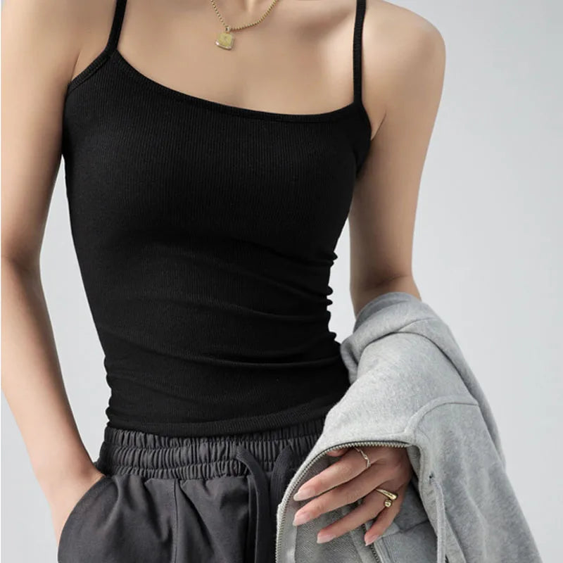 Women's Summer Basic Sleeveless Tank Top Spaghetti Strap Slim Fit Stretch Knitted Solid Color Camisole Quick Pick Grocers
