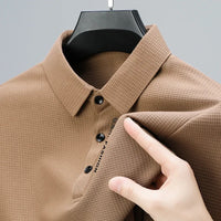 Men's Waffle Long Sleeved POLO Shirt with Letter Printed Lapel Casual Top Quick Pick Grocers