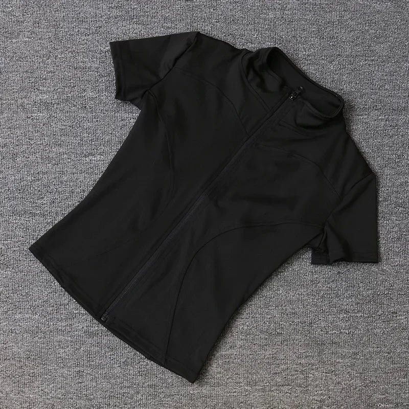 Summer High Quality Waist Slimming Training Tops Women's Quick-drying Tight Stand Collar Full Zipper Short Sleeves Yoga shirts Quick Pick Grocers