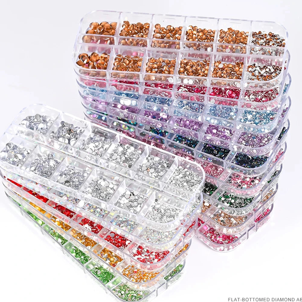 12Grids SS6-SS30 Mixed Nail Rhinestones Shiny Clear/Gold/Pink/Blue Diamond Flat-back Nail Gems Glass Stones Nails Decoration Econic Blanks