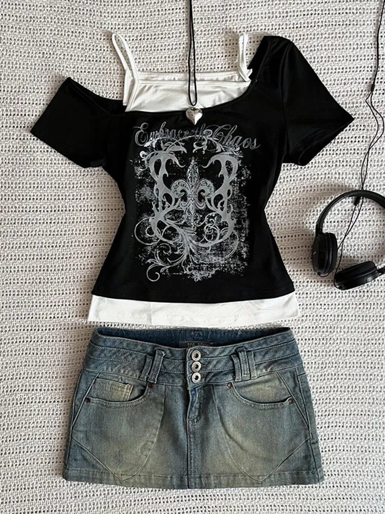 Women's 90s Vintage Punk T-Shirt Summer Streetwear Sexy Short Sleeve Gothic Slim Crop Top Hotgirl Casual Femme Tee Harajuku Y2k Quick Pick Grocers