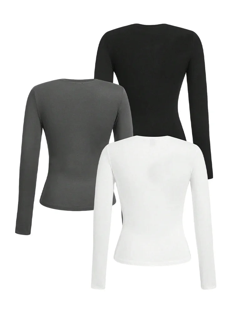 Women's solid-color long-sleeved T-shirt - Polyester knitted fabric, round neck, regular fit, fall-winter style Quick Pick Grocers