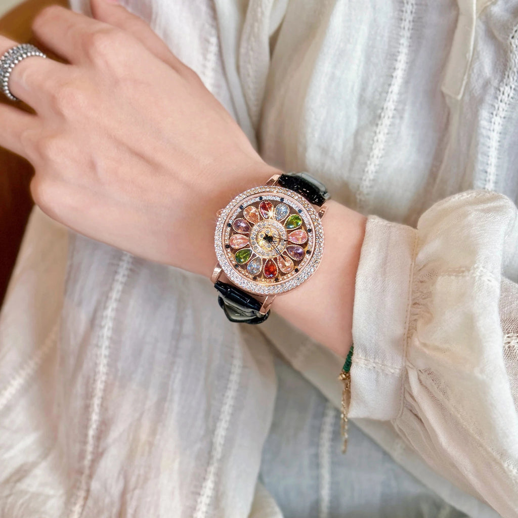 1pc Dazzling And Fashionable Women's Quartz Watch With Colorful Rhinestone Inlay, Featuring An Alluring Rotatable Dial, Durable Quick Pick Grocers