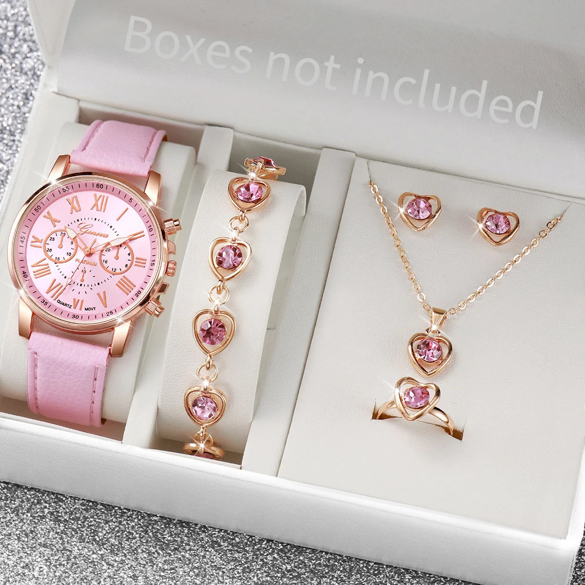 5/6PCS Fashion Women's Quartz Watch Leather Band Analog Wrist Watches Heart Rhinestone Jewelry Set(Without Box) Quick Pick Grocers