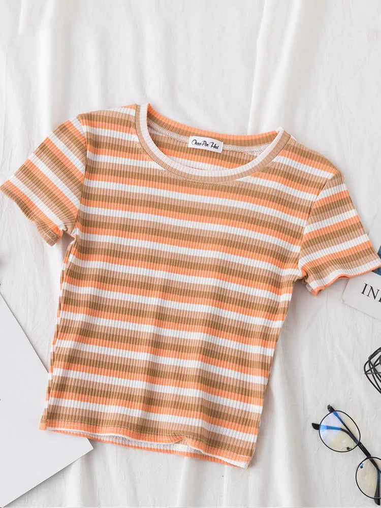 New T Shirt Women Rainbow Striped Tops Slim Fit t shirt Harajuku Tshirt Summer Short Sleeve Korean T-shirt feminina Clothes Tops Quick Pick Grocers