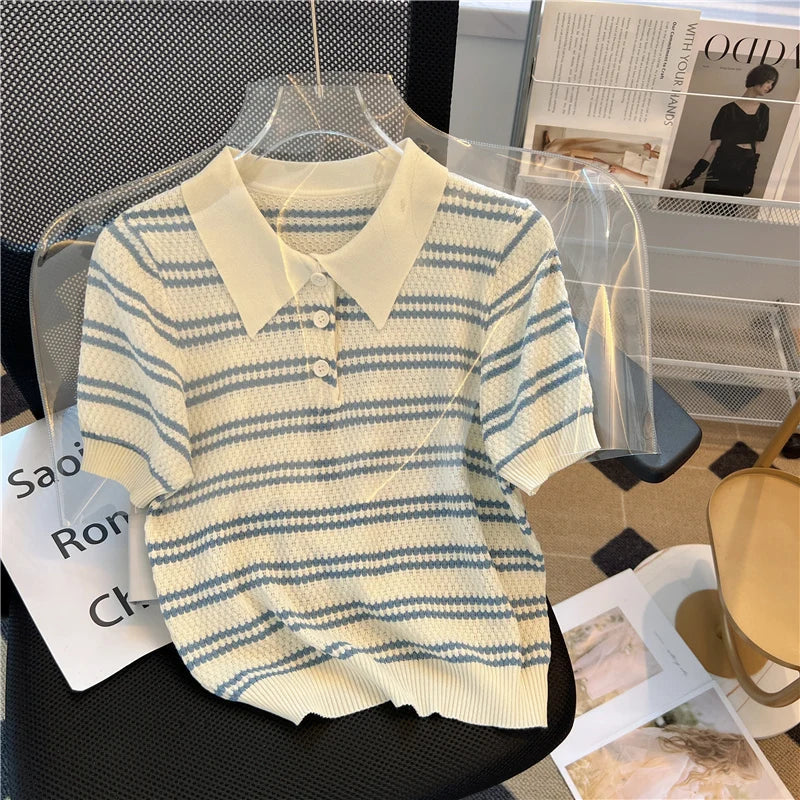 2025 Polo Neck New Womens Knitting T-Shirt Striped Short Sleeve Women T Shirt for Female Slim Tops Woman T Shirts Clothing S145 Quick Pick Grocers