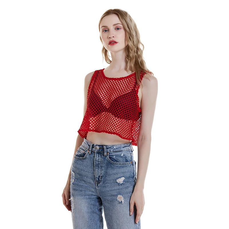 Sexy Black/Red Hollow Out Crop Top 2023 Mesh T-shirt Female Loose Fashion Summer Basic Tops For Women Fishnet Shirt Quick Pick Grocers