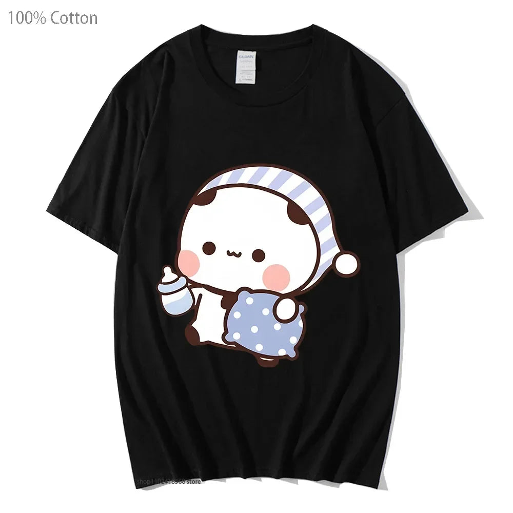 Couple Shirts Kawaii Cute BuBu Panda Going To Sleep with DuDu Bear Graphic Tshirt Cotton Men Women Clothes Long Sleeve Tees Quick Pick Grocers