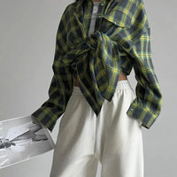 New Vintage Women Oversized Long Sleeve Plaid Shirt Blouse Tops Autumn Winter Button Down Loose Lapel Pocket Shirt Korean Style Quick Pick Grocers