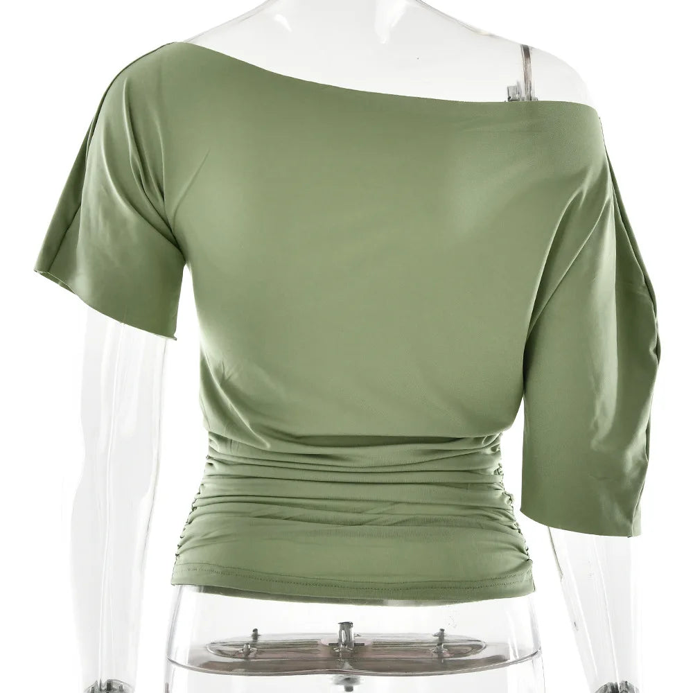 Off Shoulder Ruched Crop Top Women Basics Solid Color Skew Collar Short Sleeve T-shirts Summer Casual Streetwear Tees Quick Pick Grocers