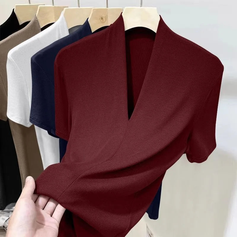 Threaded New Short Sleeved Top for Women Summer Fashion Versatile Base Shirt Plus Size Slim Fit V-neck T-shirt Casual and Sexy Quick Pick Grocers