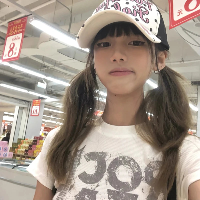 Karrram Japanese Y2k Letter Print T-shirt 2000s Style Short Sleeve Crop Top Vintage Harajuku Ribbed Tee Shirt American Retro 90s Quick Pick Grocers