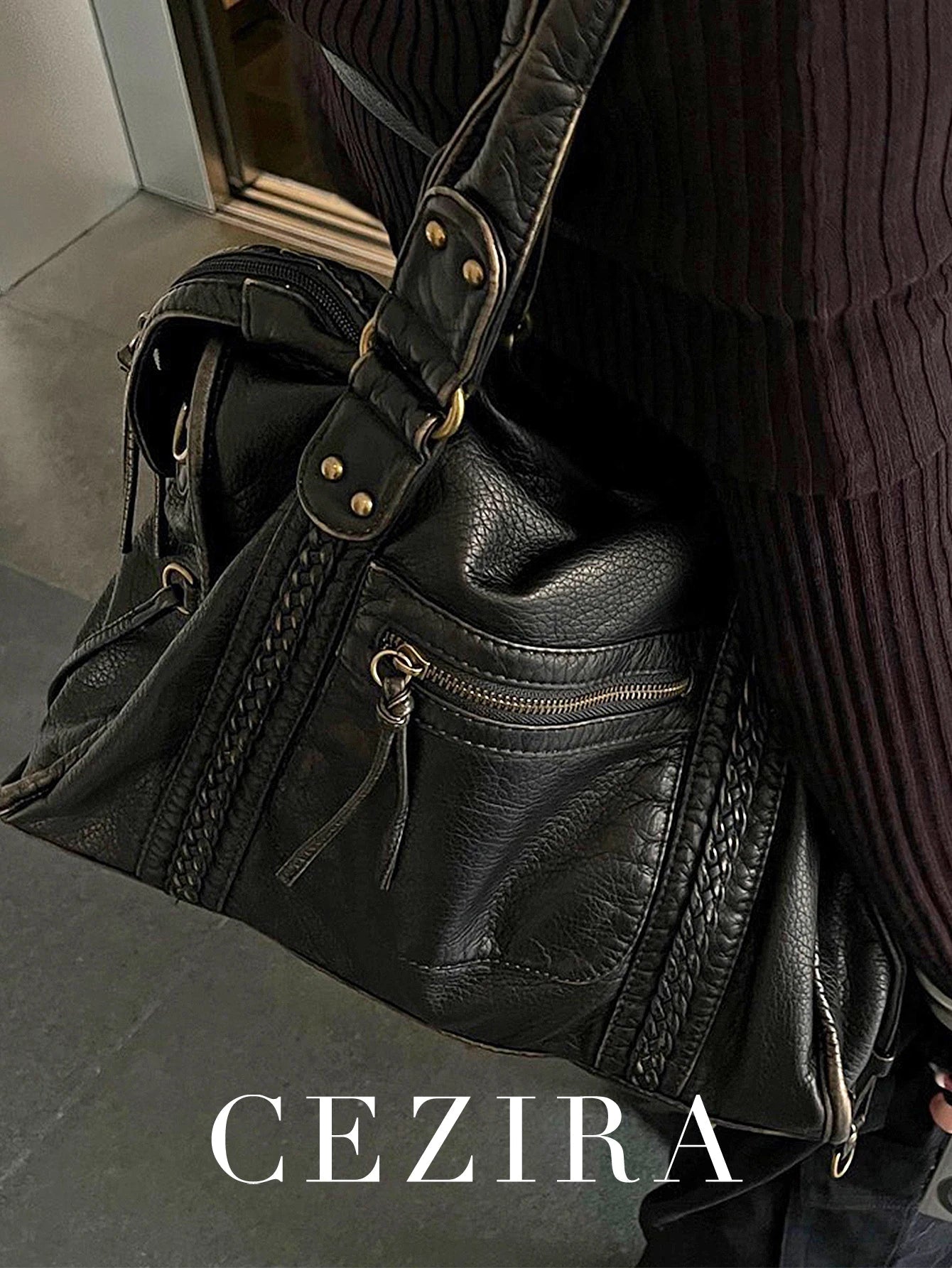 Vintage Washed PU Leather Large Capacity Tote Zip Pockets Braid Decor Shoulder Cross body Bag Unisex Women Daily Travel Handbag Quick Pick Grocers