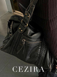 Vintage Washed PU Leather Large Capacity Tote Zip Pockets Braid Decor Shoulder Cross body Bag Unisex Women Daily Travel Handbag Quick Pick Grocers