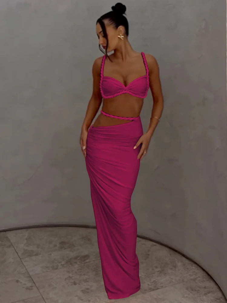 kliou Woven Sexy Women 2 Piece Set Stunning Hot Solid Pleated Crop Camisoles+High Waist Maxi Skirts Female Trend Vacation Outfit Quick Pick Grocers