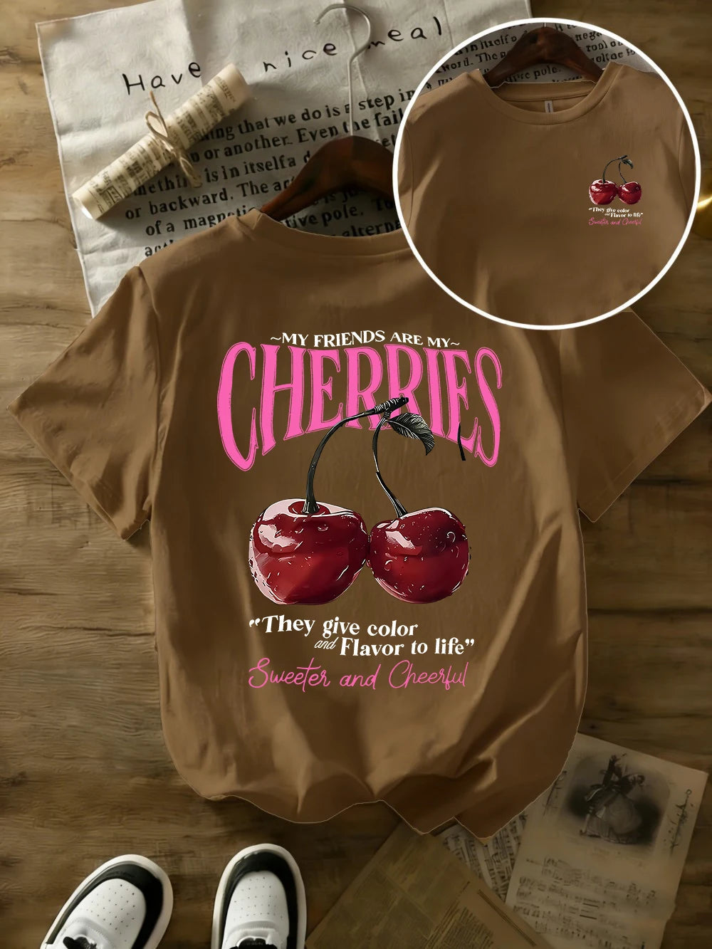 Summer Sweeter Cherries Prints T-Shirts Womens Cotton Oversized T Shirts Basic O-Neck Short Sleeve Tops Casual Woman Clothes Quick Pick Grocers